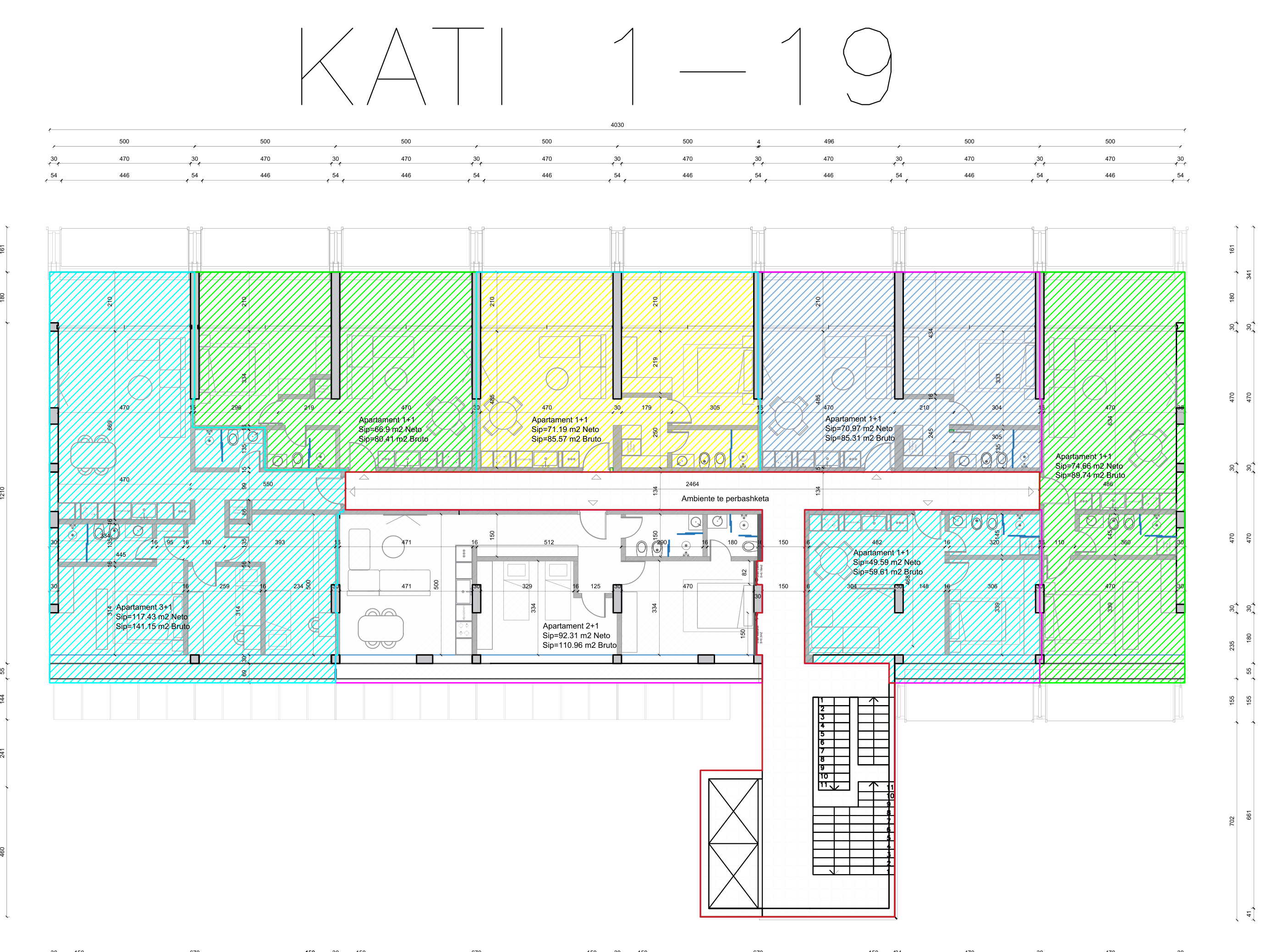 Planimetria e katit tip 2–20 me 7 apartamente